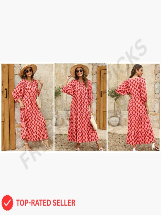 Boho Maxi Dress Flowy Swing V Neck Puff Sleeve Elegant Casual Summer - Picture 7 of 7